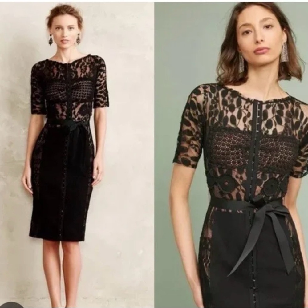 Sheer Lace Black Midi Dress with Ribbon Waist